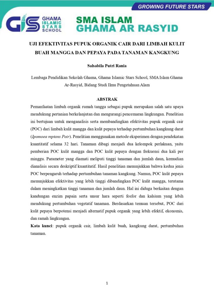 Uji Efektivitas Pupuk Organik Cair Dari Limbah Kulit Buah Mangga Dan Pepaya Pada Tanaman Kangkung Jurnal Karya Ilmiah Salsa page 0001 Sekolah GHAMA